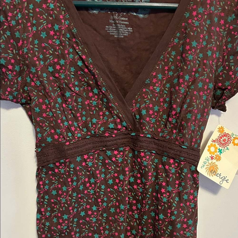 Energie Brown vintage Floral V-Neck Blouse size M - Picture 4 of 6